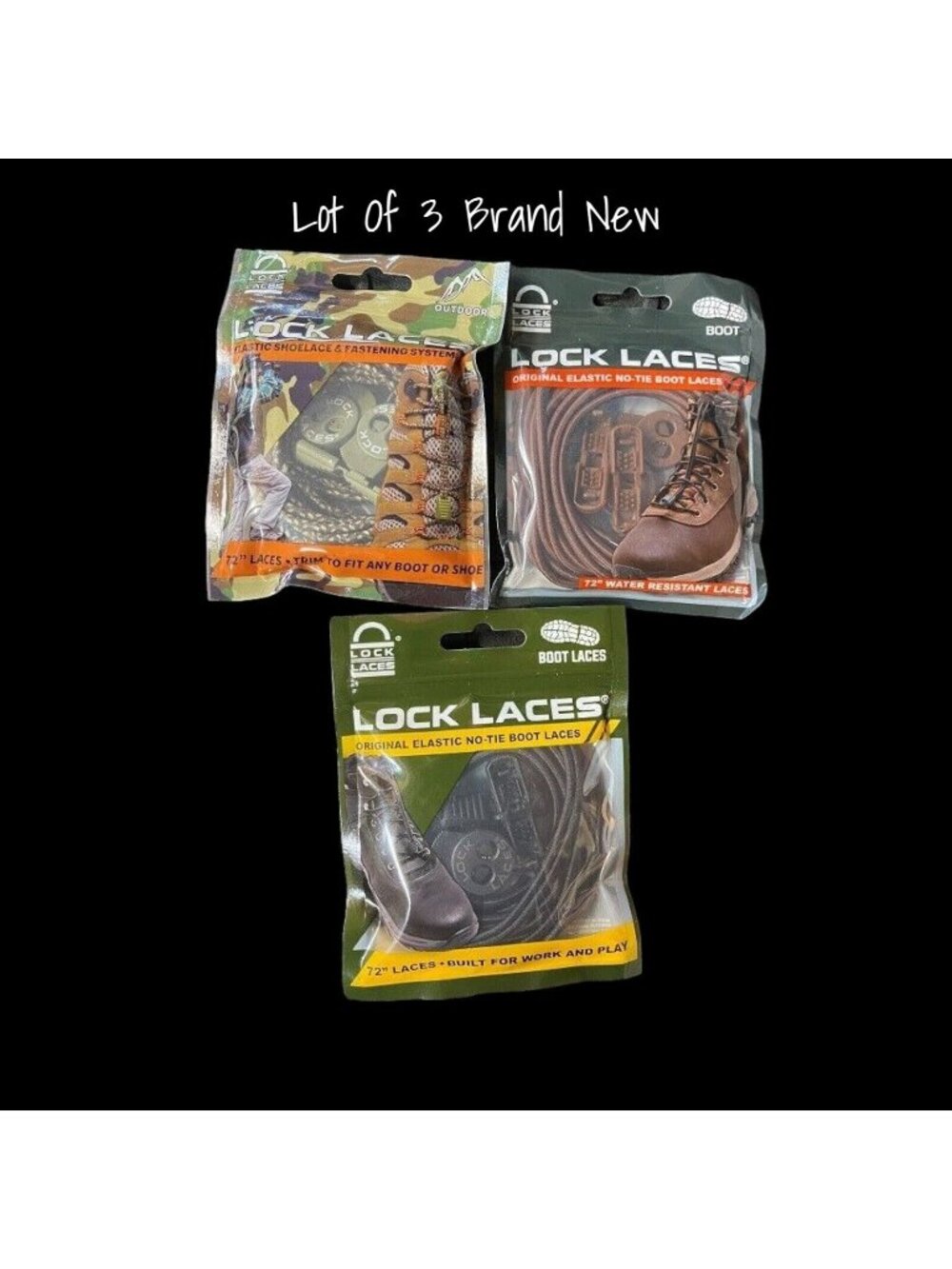 Lock Laces Heavy Duty Elastic No Tie Boot Laces 72" - Water Resistant, 3 Sets